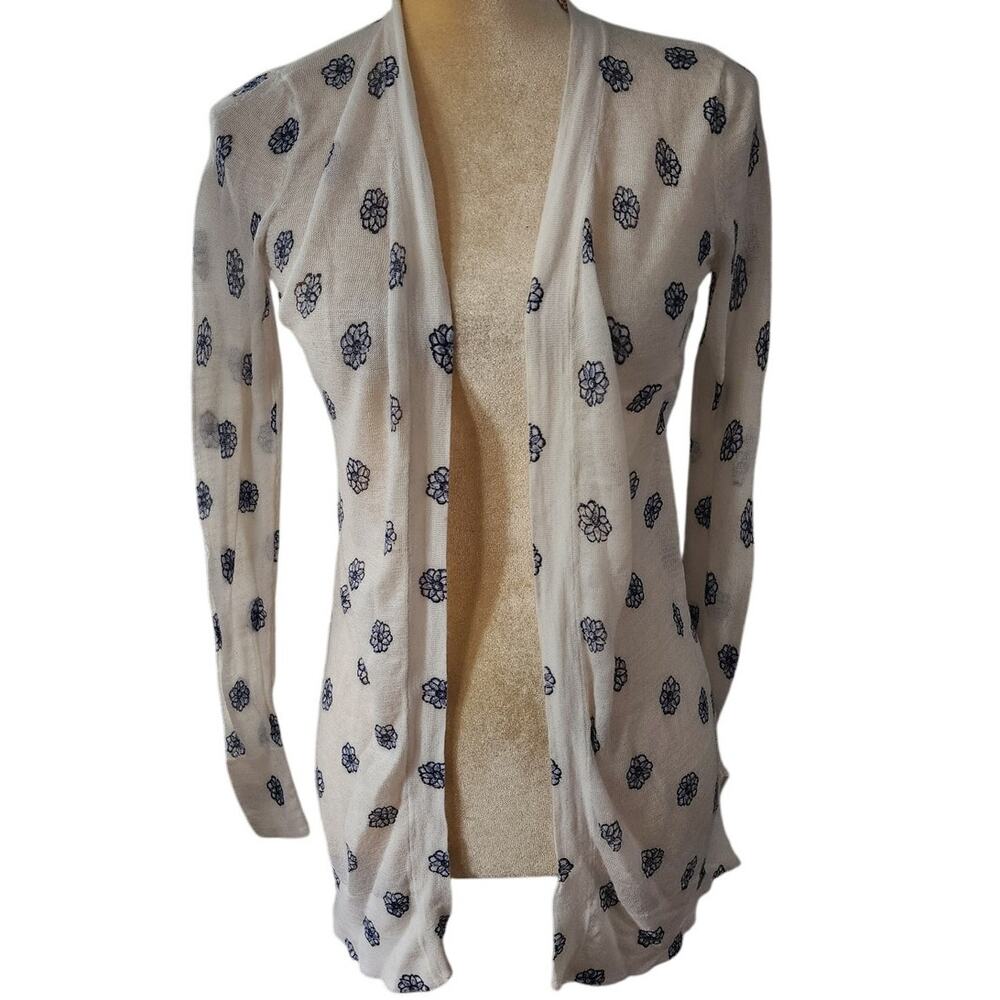 Loft By Ann Taylor Light Weight White Blue Floral Open Front Cardigan Size XS